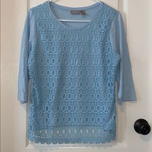 Chico’s baby blue crocheted lace overlay T-shirt